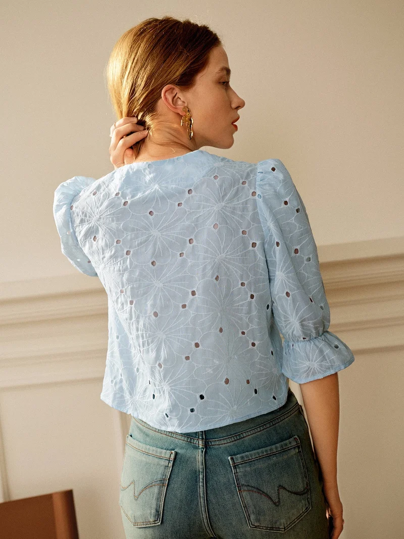 Outzidr  Blue Puff Sleeved Schiffli Top for Women | Best Price UAE